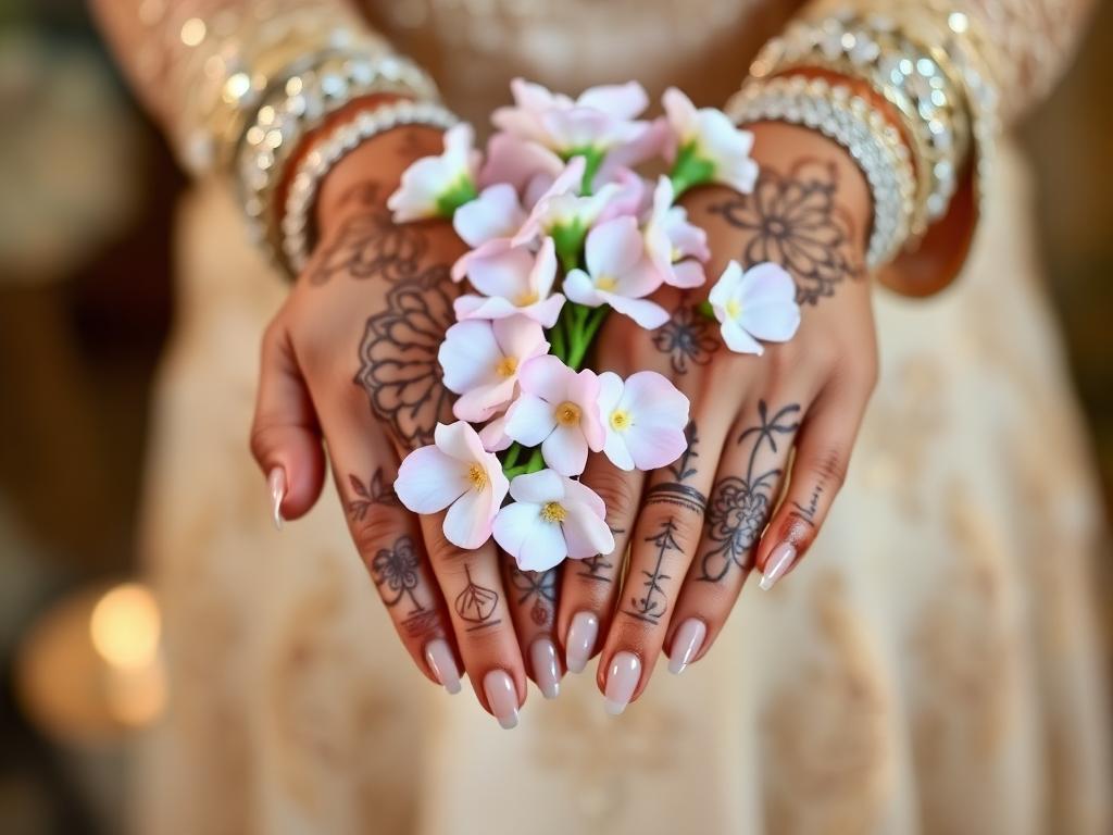 Soft floral baby shower mehendi on hands holding pastel flowers