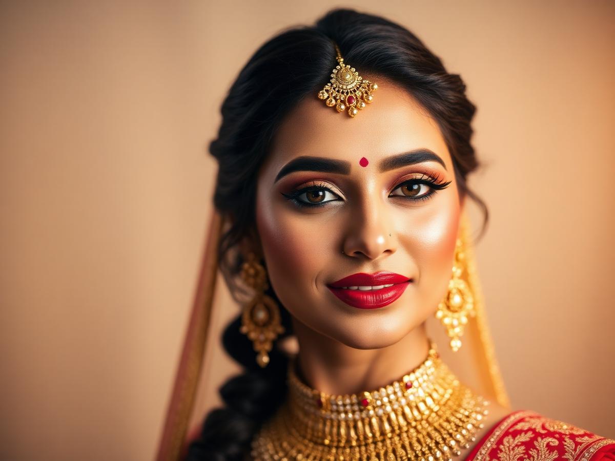 Indian bridal makeup with gold jewellery and dewy skin