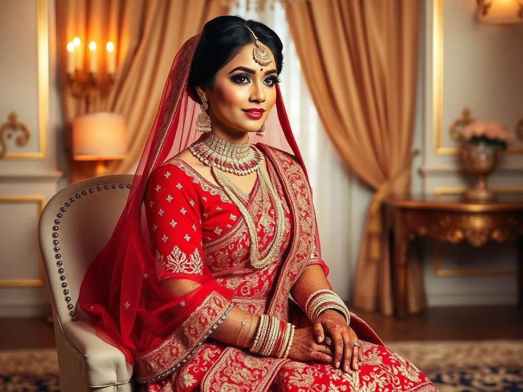 Indian bride in a red and gold lehenga with complete bridal makeup and mehendi