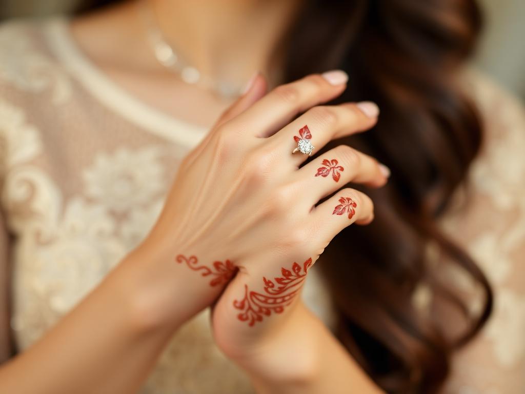 Delicate engagement mehendi design with a diamond ring on the finger