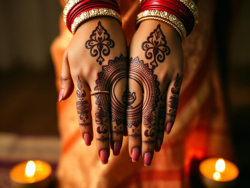 Karwa Chauth mehendi mandala with karwa pot motif and red bangles
