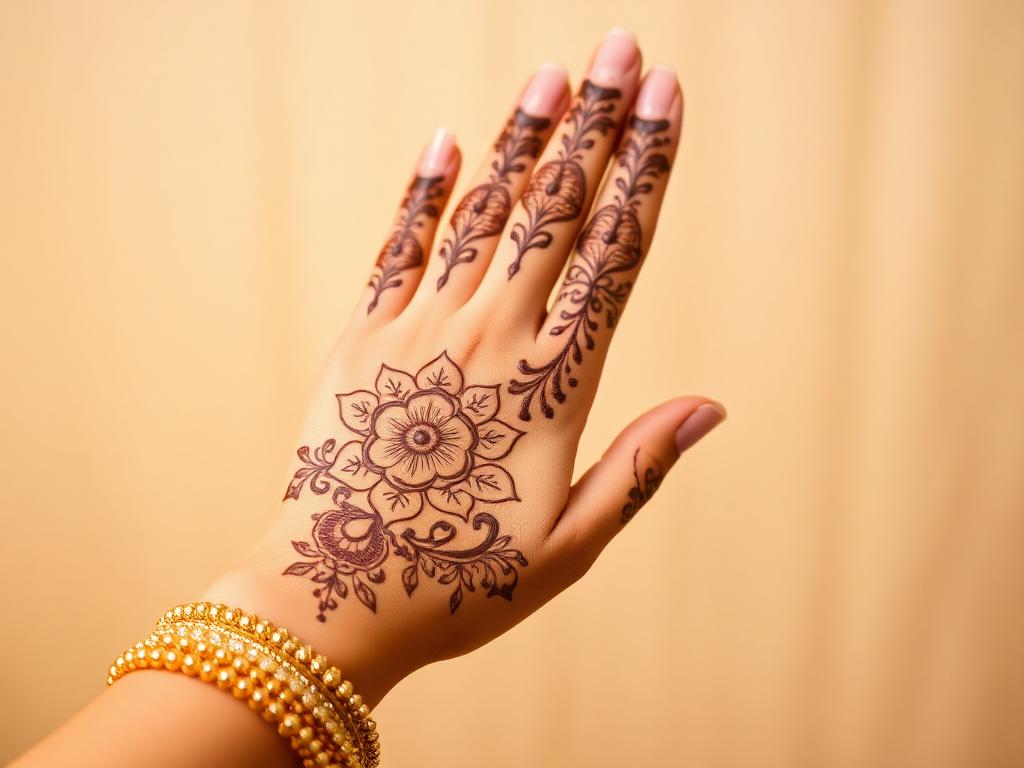 Light party mehendi floral design with gold bangles