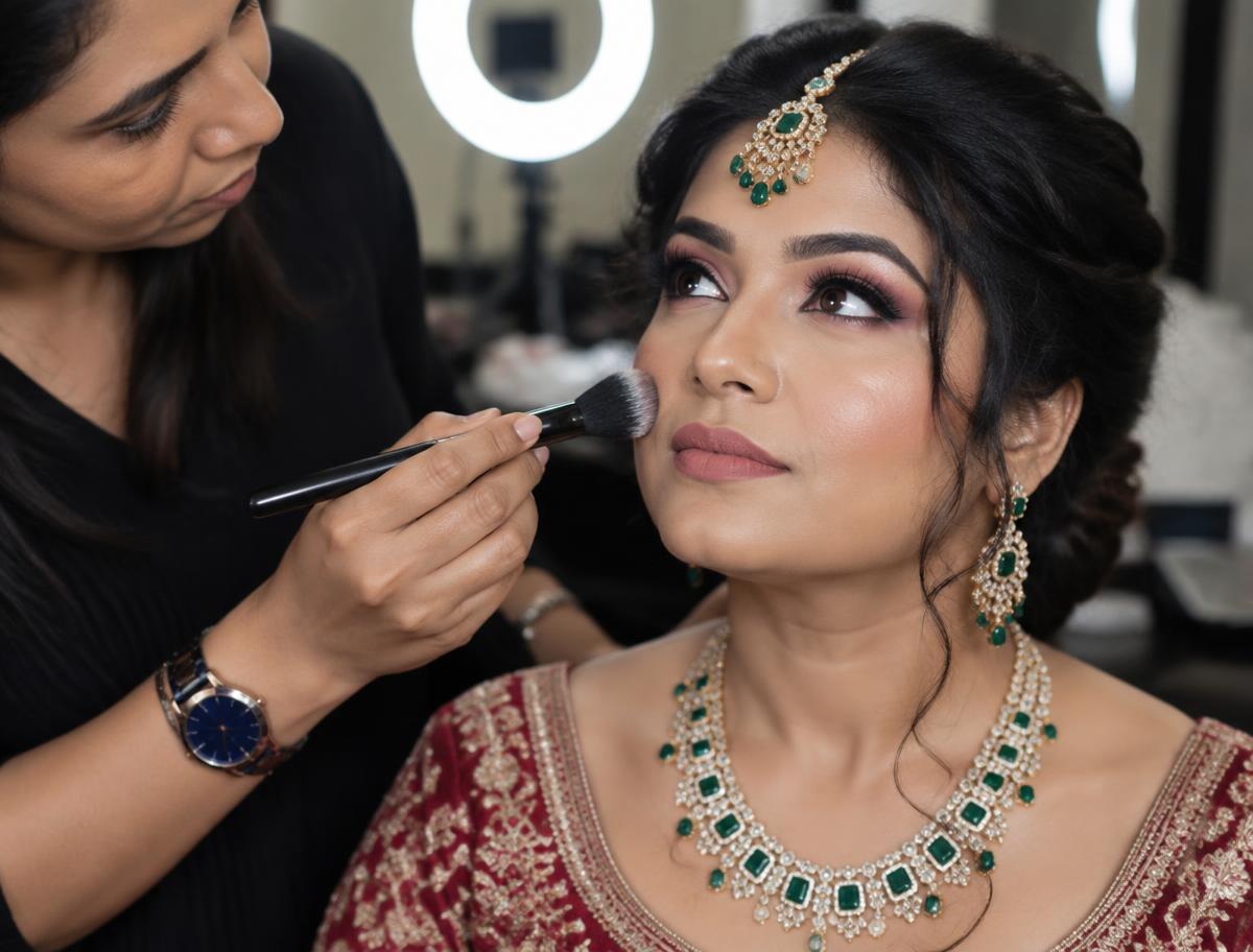 Bridal makeup artist in Hyderabad applying HD makeup to a bride