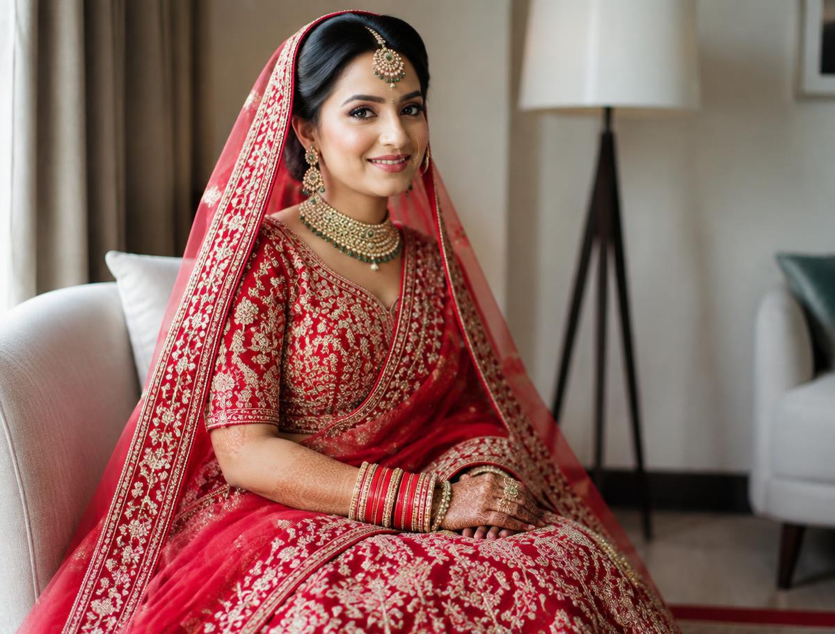Bride in red lehenga with bridal makeup, hairstyling and draping